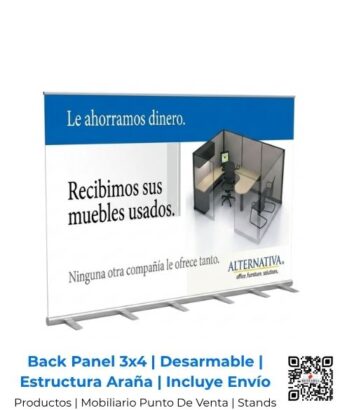 Fondo publicitario tipo "Back Panel" comercial con estructura de araña de aluminio que muestra un diseño de oficinas y muebles usados de Alternativa, en San José, Costa Rica.