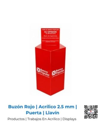 Buzón color rojo fabricado en acrílico de 2.5 mm con puerta y llavín de seguridad, San José, Costa Rica.