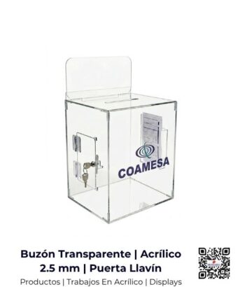 Buzón transparente fabricado en acrílico de 2.5 mm con puerta, llavín de seguridad y logo, San José, Costa Rica.