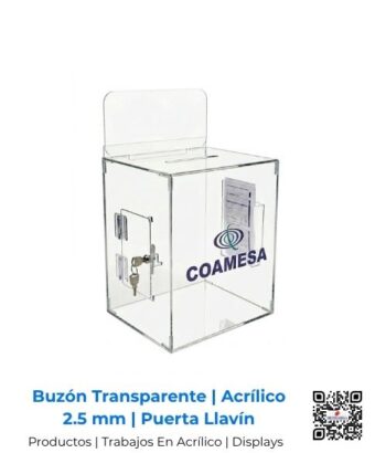 Buzón transparente fabricado en acrílico de 2.5 mm con puerta, llavín de seguridad y logo, San José, Costa Rica.
