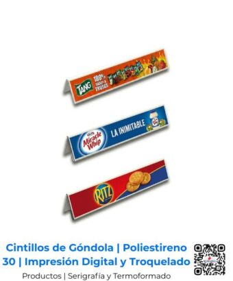 Cintillos de góndola personalizados en Poliestreno calibre 30 con impresión digital directa, troquelado y doblez de precisión; soluciones de exhibición a la medida por Romarsa para Costa Rica y Centroamérica.