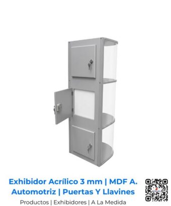 Exhibidor de alta gama en acrílico de 3 mm con estructura de MDF en fino acabado automotriz, equipado con puertas y llavines. Diseño exclusivo de Romarsa para Costa Rica y Centroamérica.