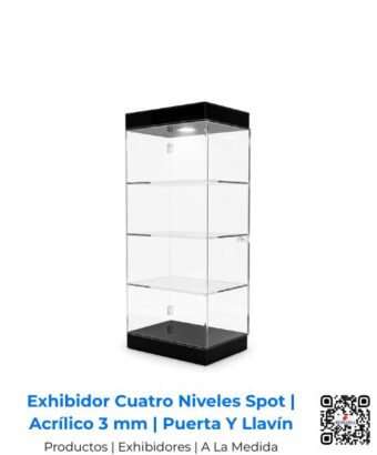 Sofisticado exhibidor tipo vitrina de cuatro niveles con iluminación spot, fabricado en acrílico de 3 mm con puerta y llavín. Calidad premium por Romarsa para Costa Rica y Centroamérica, incluye envío.