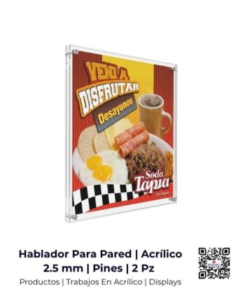 Hablador de pared con pines, tipo sándwich "Gráficas Intercambiables", fabricado en acrílico de 2.5 mm, San José, Costa Rica.