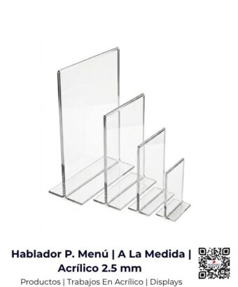 Hablador porta menú fabricado a la medida en acrílico de 2.5 mm, San José, Costa Rica.