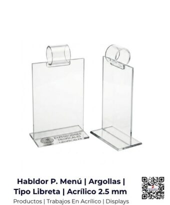 Hablador porta menú tipo libreta con argollas, fabricado en acrílico de 2.5 mm, San José, Costa Rica.