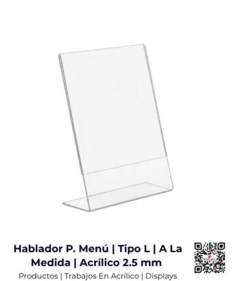 Hablador porta menú tipo L para escritorio o mesa, fabricado en acrílico de 2 mm, San José, Costa Rica.