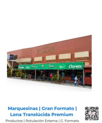 Rotulación externa de gran formato a full color sobre marquesina comercial de lona translúcida de alta durabilidad y resistencia intemperie; iluminación uniforme instalada en San José, Costa Rica y Centroamérica.