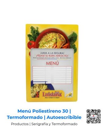 Menú de poliestireno calibre 30 termoformado y troquelado con superficie para escribir y borrar con pilot; impresión full color en serigrafía de alta calidad por Romarsa para Centroamérica y Costa Rica.