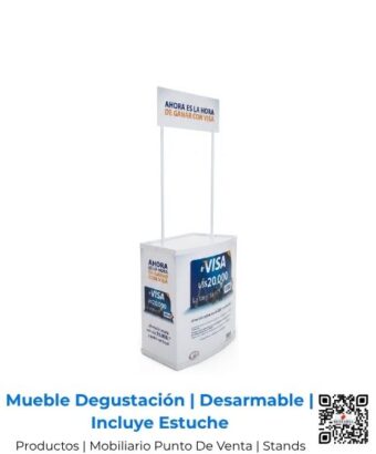 Mueble de degustación blanco y desarmable con un cartel superior y gráficos publicitarios de Visa, en San José, Costa Rica.