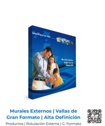 Mural publicitario y valla de rotulación externa en gran formato para el BCR; soluciones estables de comunicación visual exterior de alto impacto urbano instaladas por Romarsa en San José, Costa Rica y Centroamérica.