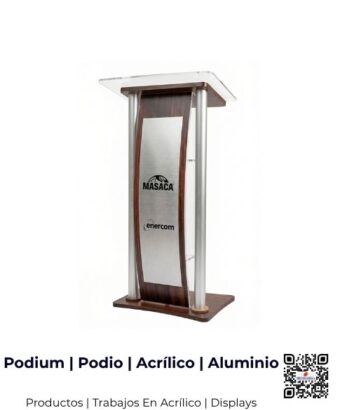 Podium o podio fabricado en acrílico y aluminio con panel frontal lámina impresión, San José, Costa Rica.