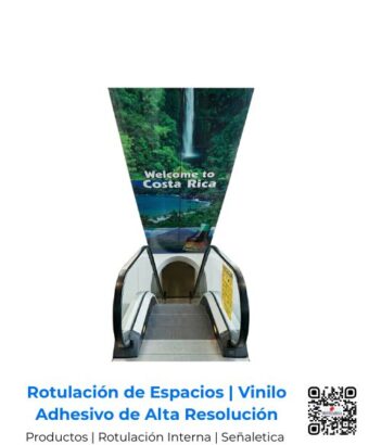 Señalética comercial y rotulación interior corporativa elaborada en vinilo adhesivo premium con impresión de alta resolución full color UV; ideal para zonas de alto tránsito y centros comerciales en San José, Costa Rica y Centroamérica.