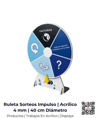Ruleta para sorteos y ventas de impulso fabricada en acrílico de 4 mm y 40 cm de diámetro, San José, Costa Rica.