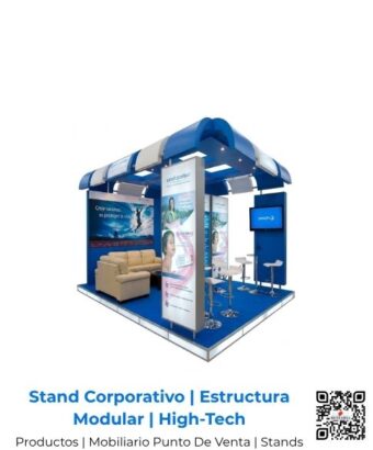 Estructura de stand corporativo modular de color azul y blanco equipado con sillones, mostradores y pantallas de exhibición, en San José, Costa Rica.