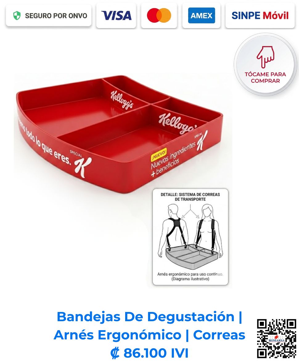 Bandeja De Degustación Arnés Ergonómico. Bandeja portátil con sistema de correas. PVC color rojo dividido en tres espacios con el logotipo impreso de Kellogg's, en San José, Costa Rica.