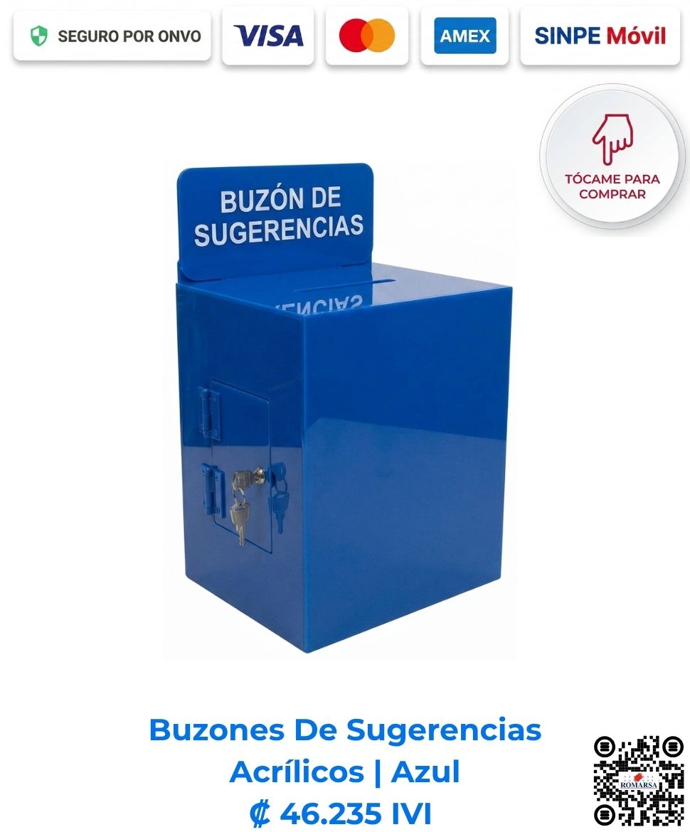 Buzón de sugerencias azul para escritorio o mesa de 25x25x20cm, fabricado en acrílico de alta resistencia, San José Costa Rica. Imagen E Commerce Romarsa en San José, Costa Rica.