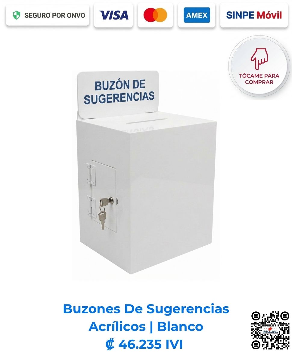 Buzón de sugerencias color blanco para escritorio, diseño cuadrado de 25x25x20cm en acrílico premium. Imagen E Commerce Romarsa en San José, Costa Rica.