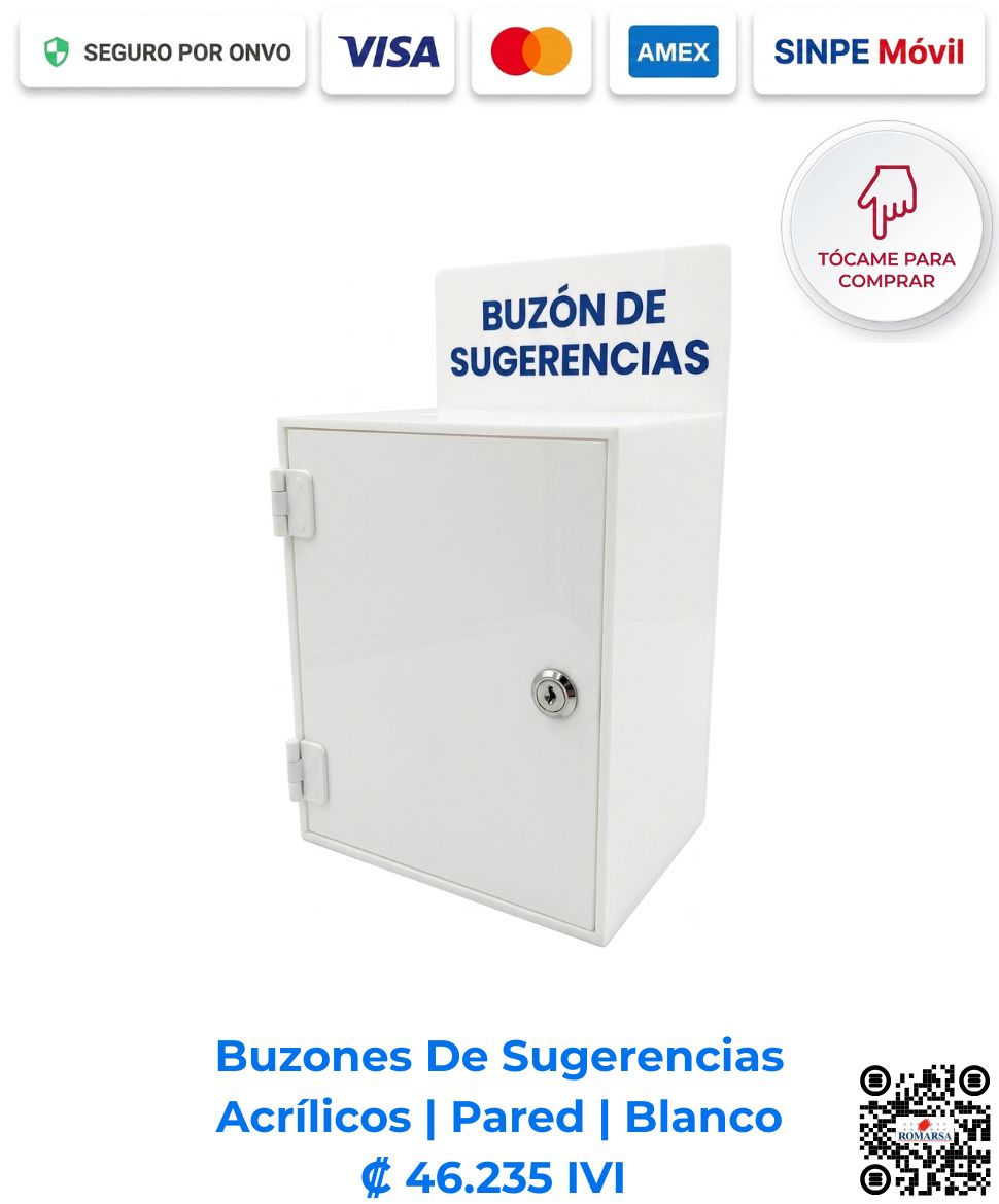 Buzón de sugerencias blanco para pared de 25x25x20cm, diseño discreto en acrílico de 2.5mm con puerta de seguridad. Imagen E Commerce Romarsa en San José, Costa Rica.