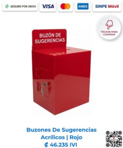 Buzón de sugerencias color rojo para escritorio de 25x25x20cm, elegante acabado en acrílico para visibilidad de marca. Compra en Romarsa San José, Costa Rica.