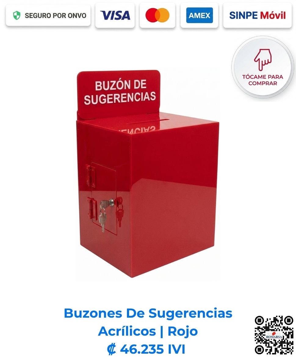Buzón de sugerencias color rojo para escritorio de 25x25x20cm, elegante acabado en acrílico para visibilidad de marca. Compra en Romarsa San José, Costa Rica.