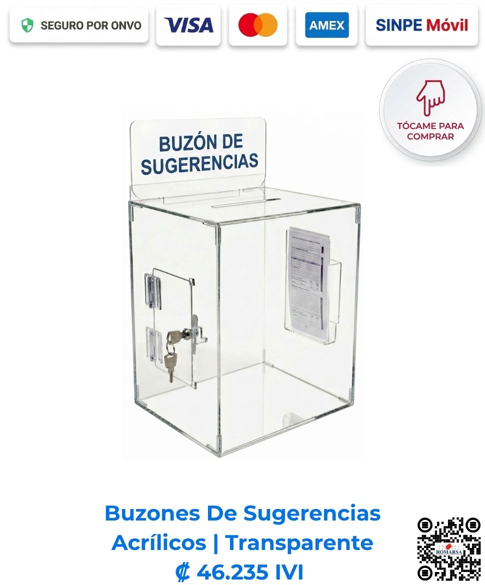 Buzón de sugerencias transparente para escritorio de 25x25x20cm, fabricado en acrílico resistente, con llave de seguridad y porta hojas. Compra en Romarsa San José, Costa Rica.