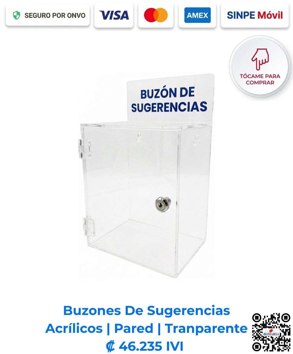 Buzón de sugerencias transparente para pared de 25x25x20cm, diseño discreto en acrílico de 2.5mm con puerta de seguridad. Compra en Romarsa San José, Costa Rica.