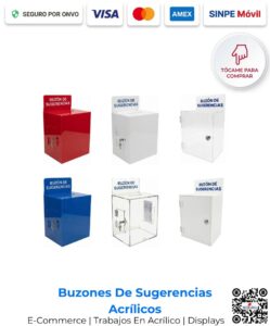 Buzones de sugerencias Acrílicos en color rojo, azul, blanco, transparente tanto para escritorio mesa como para pared. Elegante acabado en acrílico para visibilidad de marca, San José Costa Rica.