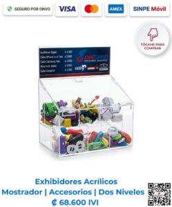 Exhibidor acrílico de mostrador para accesorios de 2 niveles (28x30x15 cm) para exhibición de productos en tiendas de San José, Costa Rica. ¡Compra el tuyo hoy!