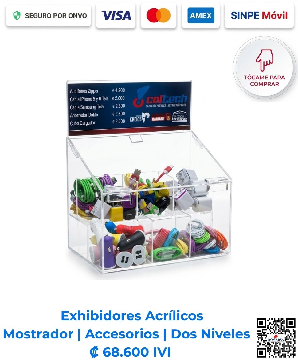 Exhibidor acrílico de mostrador para accesorios de 2 niveles (28x30x15 cm) para exhibición de productos en tiendas de San José, Costa Rica. ¡Compra el tuyo hoy!
