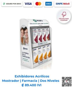 Exhibidor acrílico de mostrador farmacia dos niveles (35x50x18 cm) para organización de productos en comercios, clínicas y farmacias en general en San José, Costa Rica. ¡Compra el tuyo hoy!