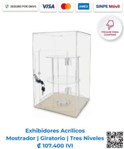 Exhibidor acrílico de mostrador giratorio de 3 niveles (30x45x25 cm) para exhibición de productos en tiendas de San José, Costa Rica. ¡Compra el tuyo hoy!
