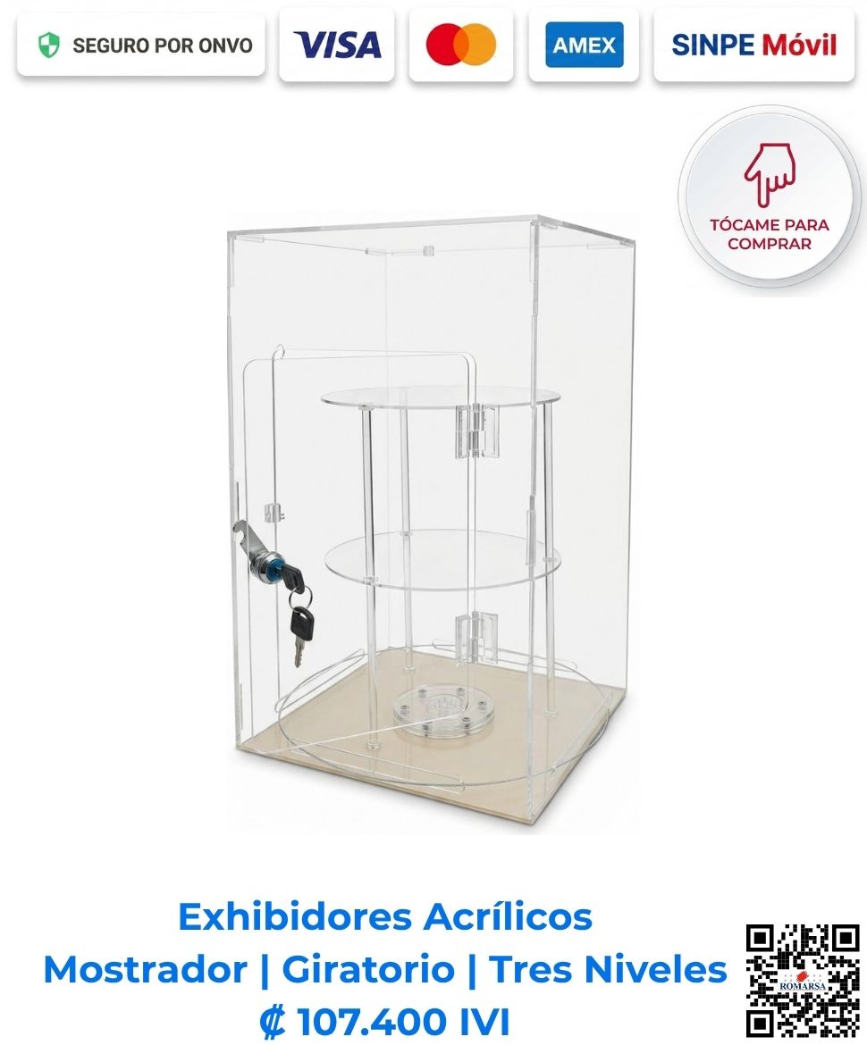 Exhibidor acrílico de mostrador giratorio de 3 niveles (30x45x25 cm) para exhibición de productos en tiendas de San José, Costa Rica. ¡Compra el tuyo hoy!