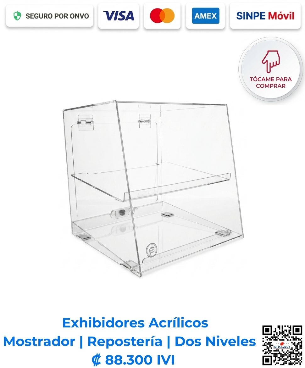 Exhibidor acrílico de mostrador tipo repostería de 2 niveles (28x40x25 cm) para exhibición de productos en tiendas de San José, Costa Rica. ¡Compra el tuyo hoy!