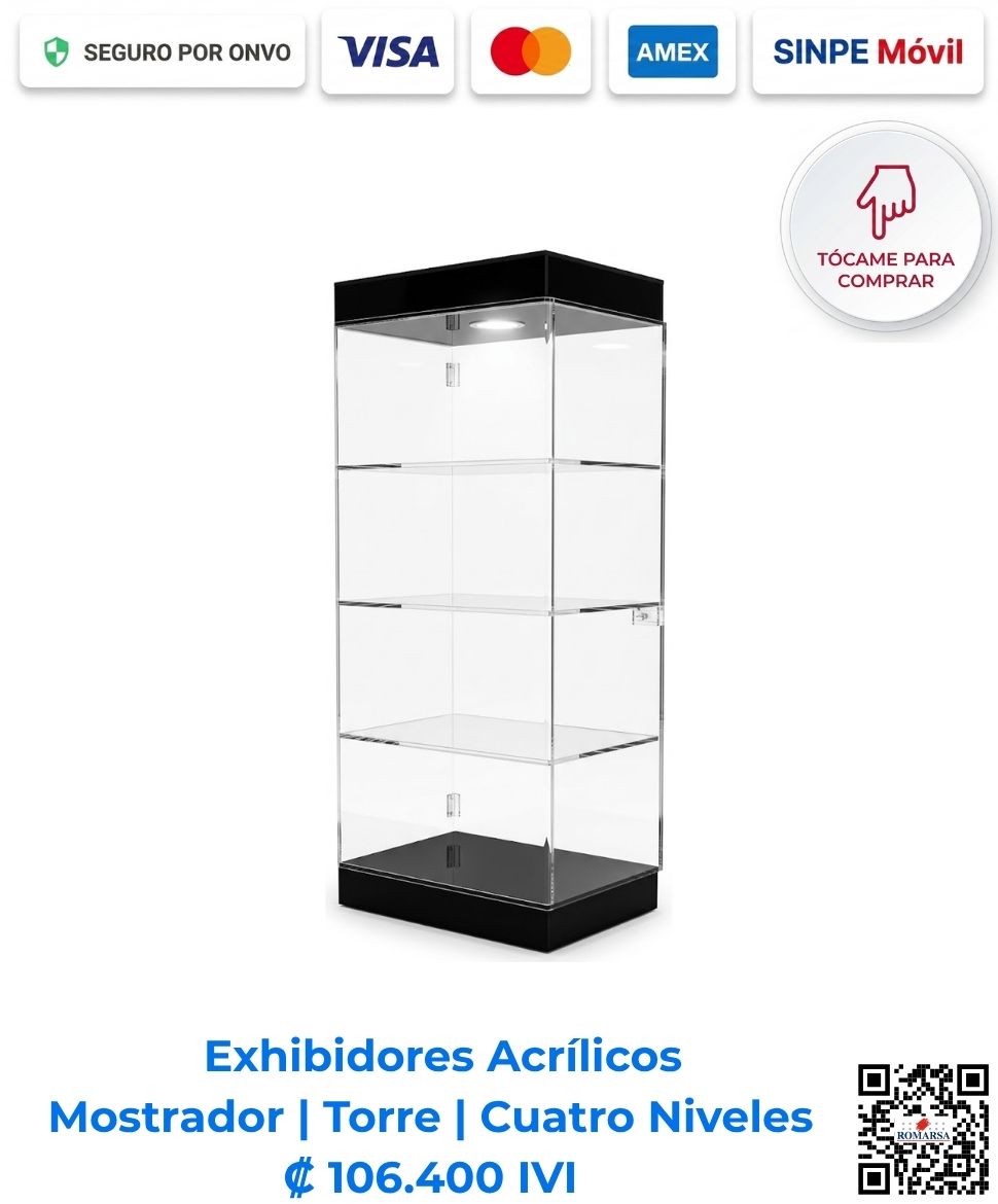 Exhibidor acrílico de mostrador tipo torre de 4 niveles (25x60x20 cm) para exhibición de productos en tiendas de San José, Costa Rica. ¡Compra el tuyo hoy!