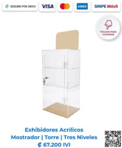 Exhibidor acrílico de mostrador tipo torre de 3 niveles (25x45x20 cm) para exhibición de productos en tiendas de San José, Costa Rica. ¡Compra el tuyo hoy!