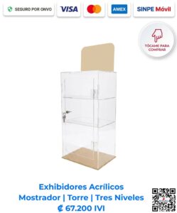 Exhibidor acrílico de mostrador tipo torre de 3 niveles (25x45x20 cm) para exhibición de productos en tiendas de San José, Costa Rica. ¡Compra el tuyo hoy!