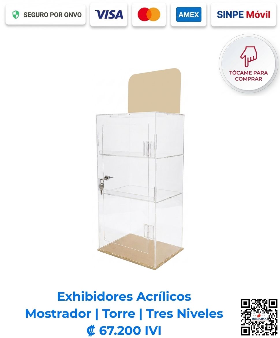 Exhibidor acrílico de mostrador tipo torre de 3 niveles (25x45x20 cm) para exhibición de productos en tiendas de San José, Costa Rica. ¡Compra el tuyo hoy!