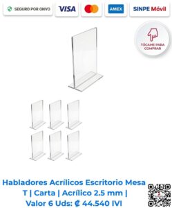Habladores acrílicos Escritorio Mesa tipo T tamaño carta 22x28 cm en paquete de 6 unidades ideales para afiches y rótulos informativos en mesas en San José Costa Rica