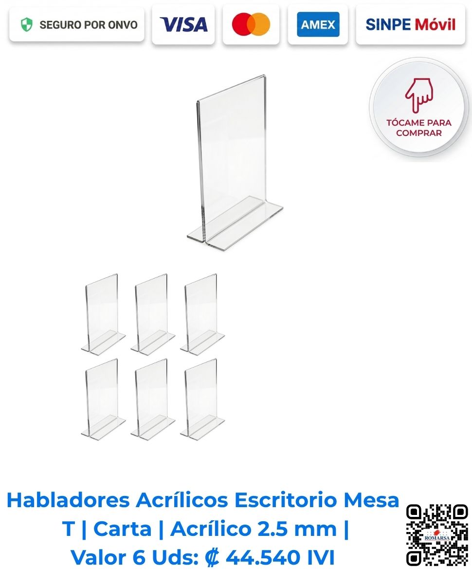 romarsa-habladores-acrilicos-escritorio-mesa-carta-22x28cm-2-5mm-6-unidades-san-jose-costa-rica-e-commerce Habladores acrílicos Escritorio Mesa tipo T tamaño carta 22x28 cm en paquete de 6 unidades ideales para afiches y rótulos informativos en mesas en San José Costa Rica