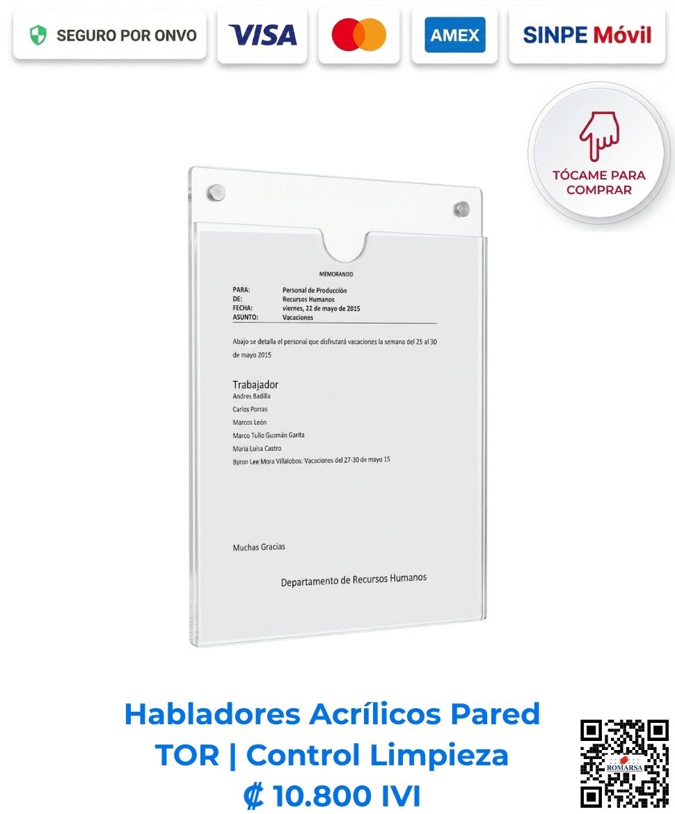 Habladores acrílicos para pared TOR 22 x 28 con tornillos. Ideales para control de limpieza e inventarios visuales, disponibles para compra en línea en Costa Rica