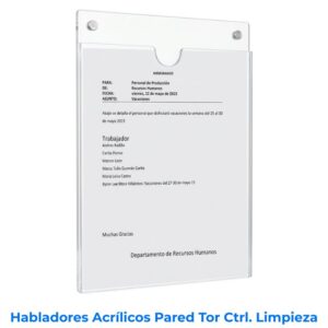 Habladores acrílicos para pared Tor 22 x 28 con tornillos. Ideales para control de limpieza e inventarios visuales. Disponibles para compra en línea en Romarsa Costa Rica