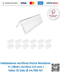 Habladores acrílicos porta nombres V 28x6 cm 2.5 mm paquete 12 unidades. Ideales para identificación en escritorio y eventos visuales. Disponibles para compra en línea en Romarsa San José Costa Rica