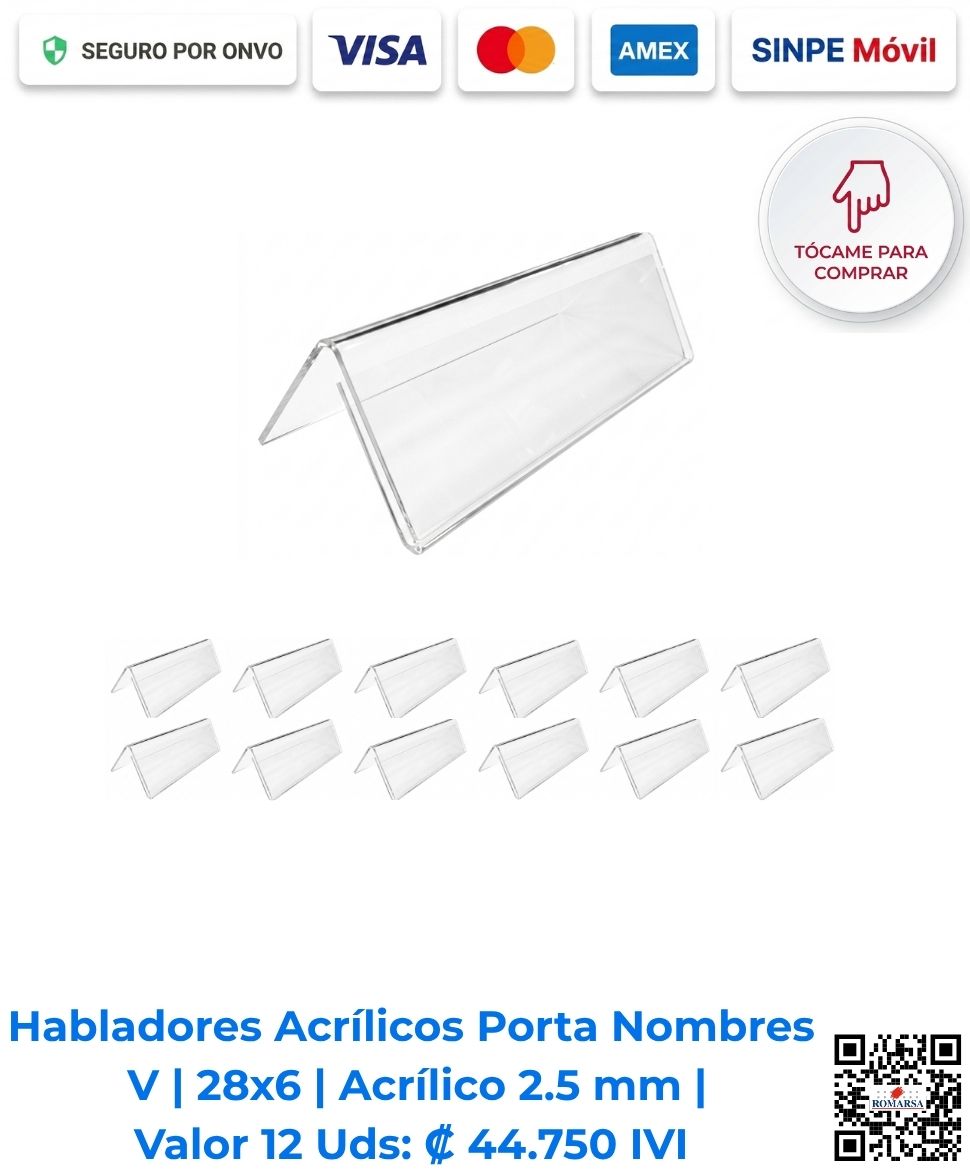 romarsa-habladores-acrilicos-porta-nombres-v-12-uds-28-x-6-costa-rica-e-commerce Habladores acrílicos porta nombres V 28x6 cm 2.5 mm paquete 12 unidades. Ideales para identificación en escritorio y eventos visuales. Disponibles para compra en línea en Romarsa San José Costa Rica