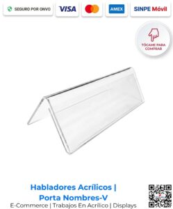 Habladores acrílicos porta nombres V 28x6 cm 2.5 mm. Ideales para identificación en escritorio y eventos visuales. Disponibles para compra en línea en Romarsa San José Costa Rica