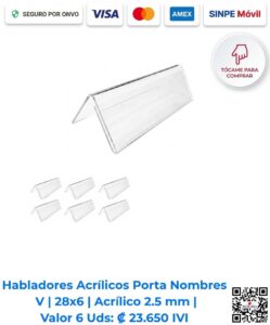 Habladores acrílicos porta nombres V 28x6 cm 2.5 mm paquete 6 unidades. Ideales para identificación en escritorio y eventos visuales. Disponibles para compra en línea en Romarsa San José Costa Rica