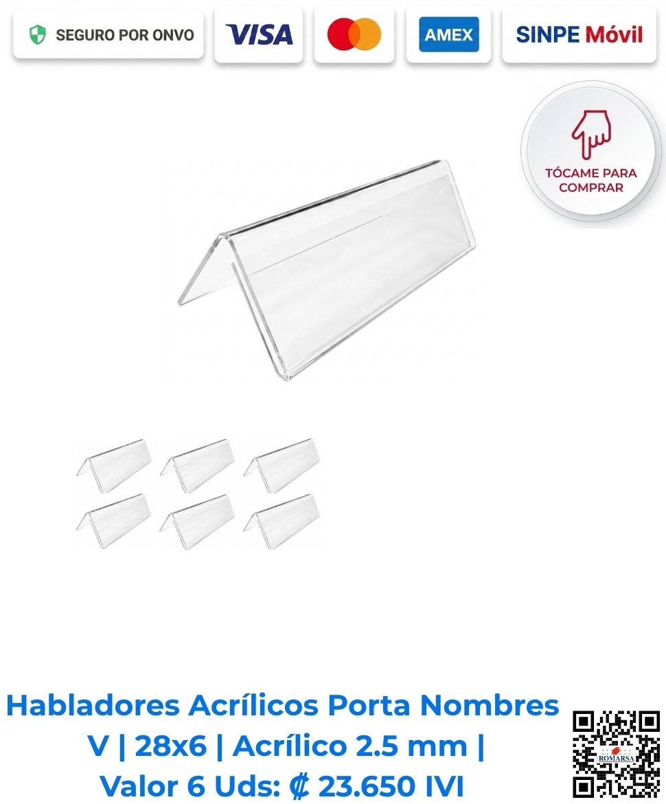 romarsa-habladores-acrilicos-porta-nombres-v-6-uds-28-x-6-costa-rica-e-commerce Habladores acrílicos porta nombres V 28x6 cm 2.5 mm paquete 6 unidades. Ideales para identificación en escritorio y eventos visuales. Disponibles para compra en línea en Romarsa San José Costa Rica