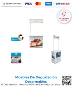 Muebles Mesas de degustación desarmables livianos con puertas o sin puertas impresión full color a 1440 dpi para exhibición comercial en Costa Rica.