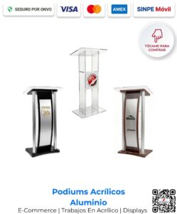 Podiums podios versión premium de acrílico y aluminio. Acabado negro y café o todo transparente para iglesias, salas de conferencias y charlas en San José Costa Rica. Incluye personalización y envío.