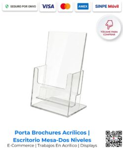 Porta brochures acrílicos escritorio mesa dos niveles 2.5 mm. Ideales para ferias de empleo, congresos y bienes raíces. Disponibles para compra en línea en Romarsa San José Costa Rica